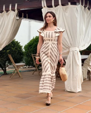 Vestido Midi rayas beige y blanco