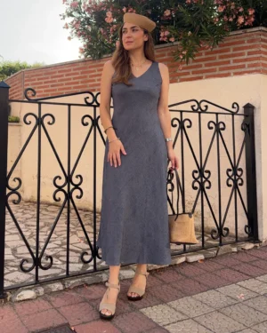 VestidoLino azul efecto Denim de Bergamota Store